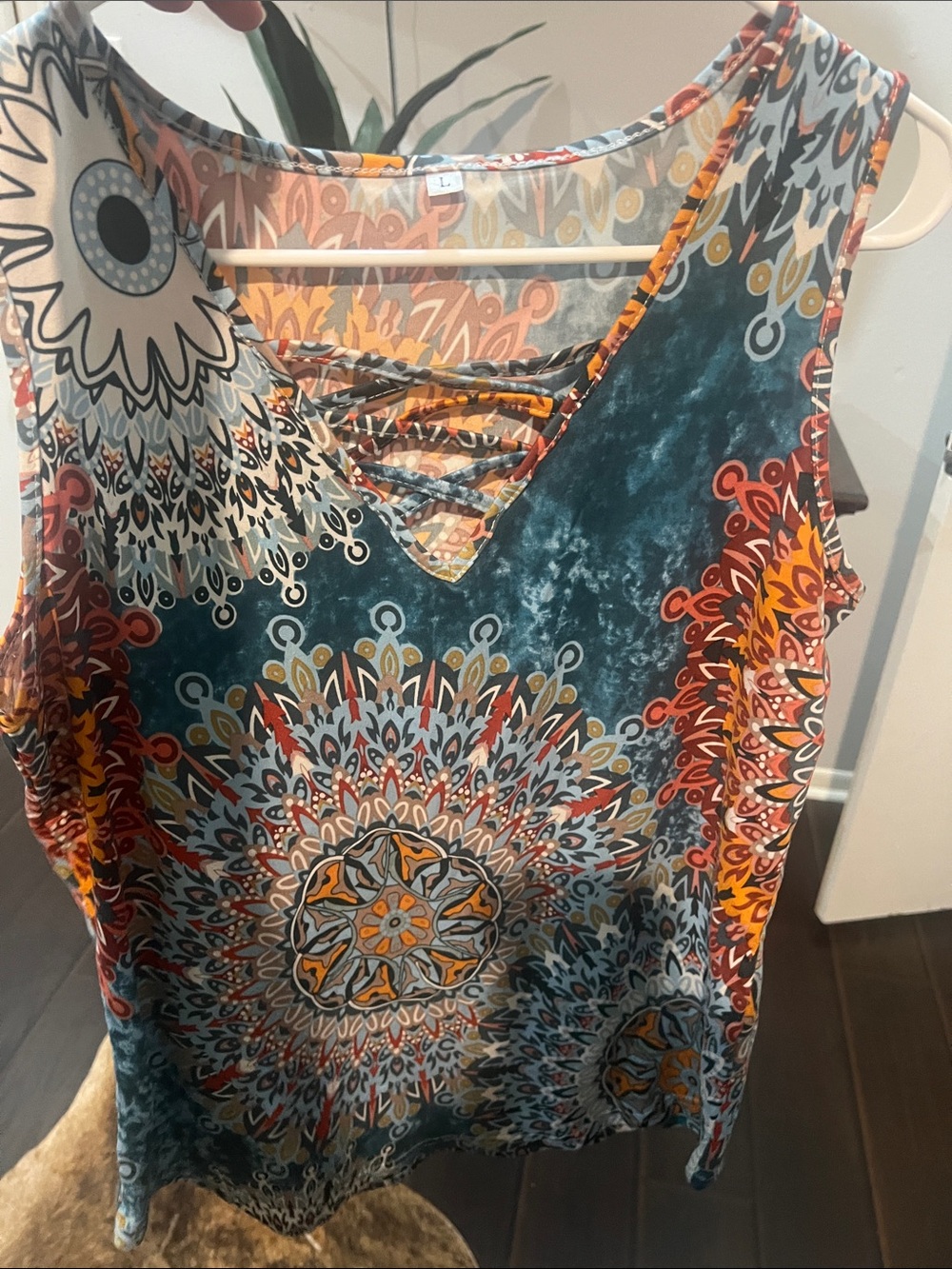 SHEIN Teal Medallion Print Crisscross Tank Top